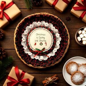 Vintage 1987 Christmas Needlepoint Wall Basket Christmas is Caring and Sharing